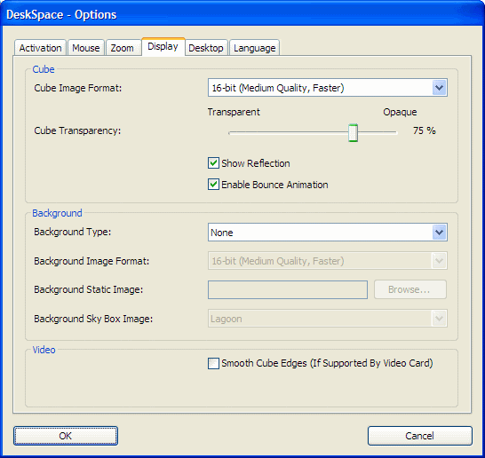 The DeskSpace Options Display Tab.